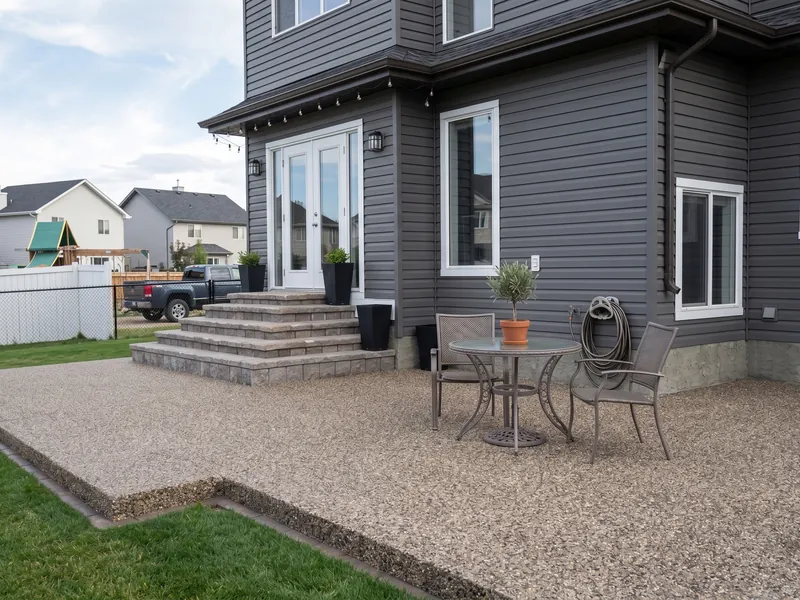Design example: Exposed aggregate concrete patio with steps at the back of a house