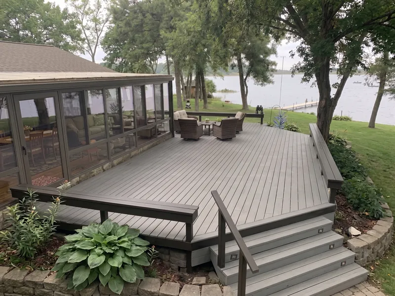 Design example: Gray composite deck with steps and a bench rail overlooking a lake