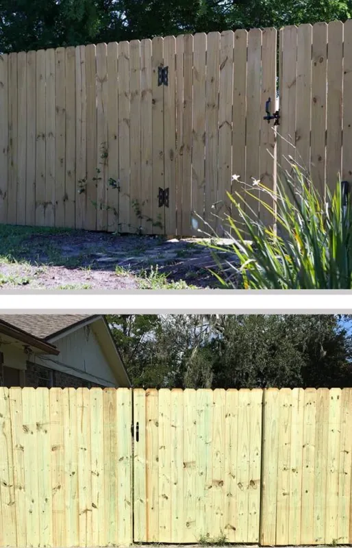 Dog-ear wood privacy fence with a walk gate